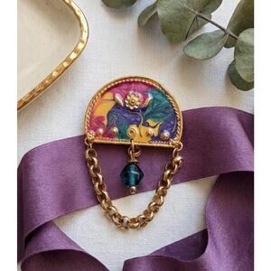 Vintage 1980s Marbled Enamel Swag Brooch | Vibrant Fuchsia & Teal Boho Pin